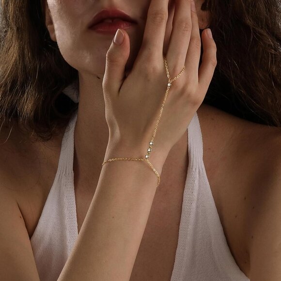 14K Gold Plated GD-round Clover Link Chain Ring Bracelet Hand Chain for Women - Picture 3 of 7